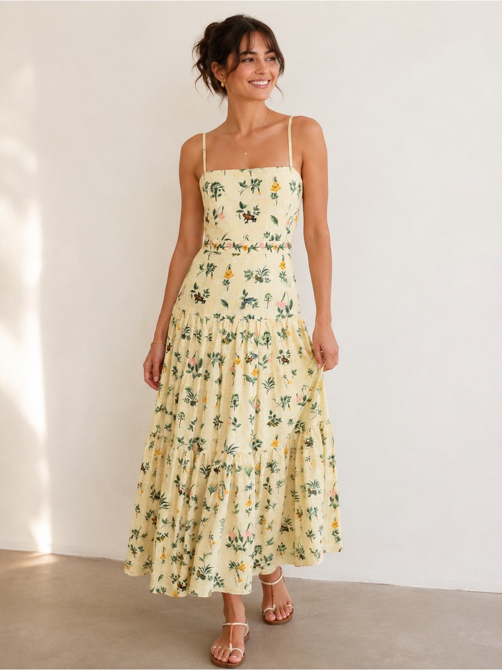 Agua by Agua Bendita Lima Ranas Linen Maxi Dress Botanical Frog Print US S